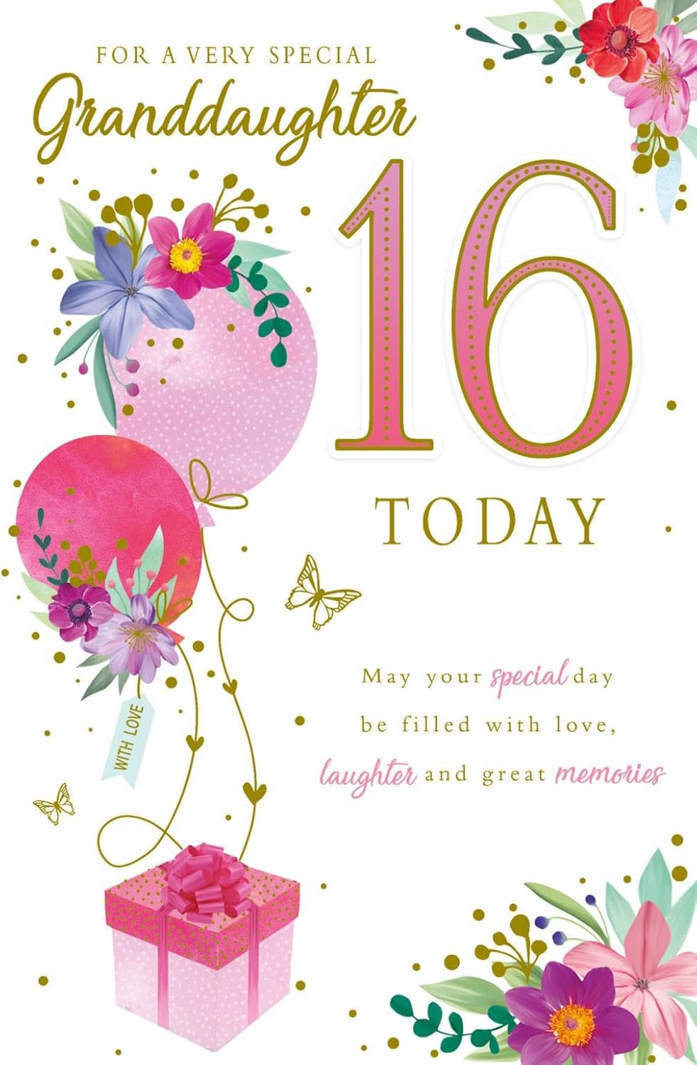 Paper Rose 16th birthday greeting card featuring balloons, flowers, butterflies, and foil accents in a gift box.