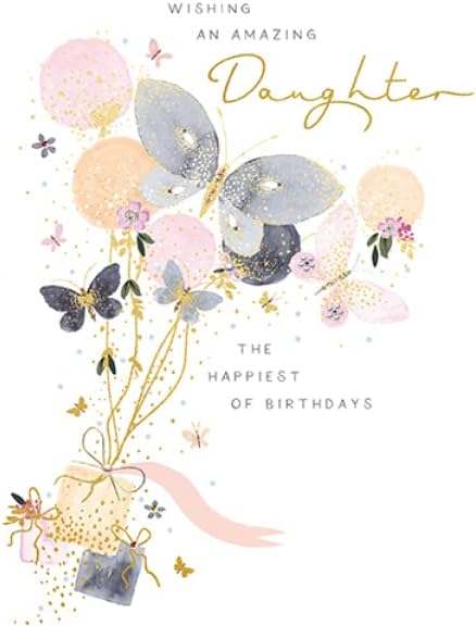 Paperlink artistic Happy Birthday Daughter card with butterflies, presents, and gold foil finish, featuring elegant design and vibrant colors.