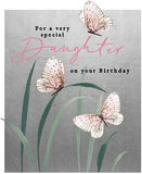 Pink Butterfly birthday greeting card for women and girls with silver foil accents, by Paperlink.