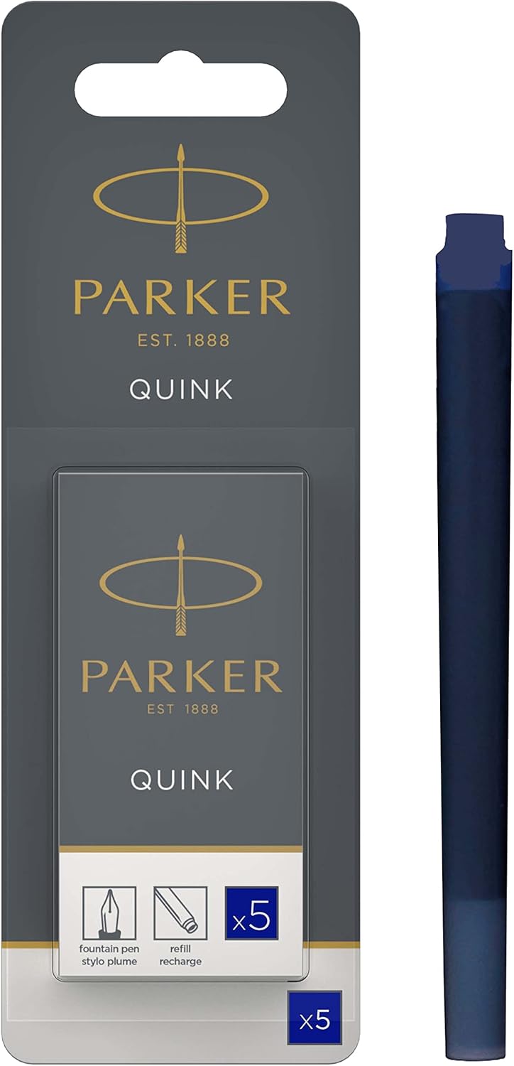 Set of five Parker fountain pen ink refill cartridges in blue Quink ink, suitable for long Parker fountain pens.