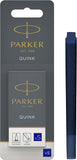 Set of five Parker fountain pen ink refill cartridges in blue Quink ink, suitable for long Parker fountain pens.