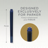 Set of five Parker fountain pen ink refill cartridges in blue Quink ink, long size, for stationery and writing supplies.
