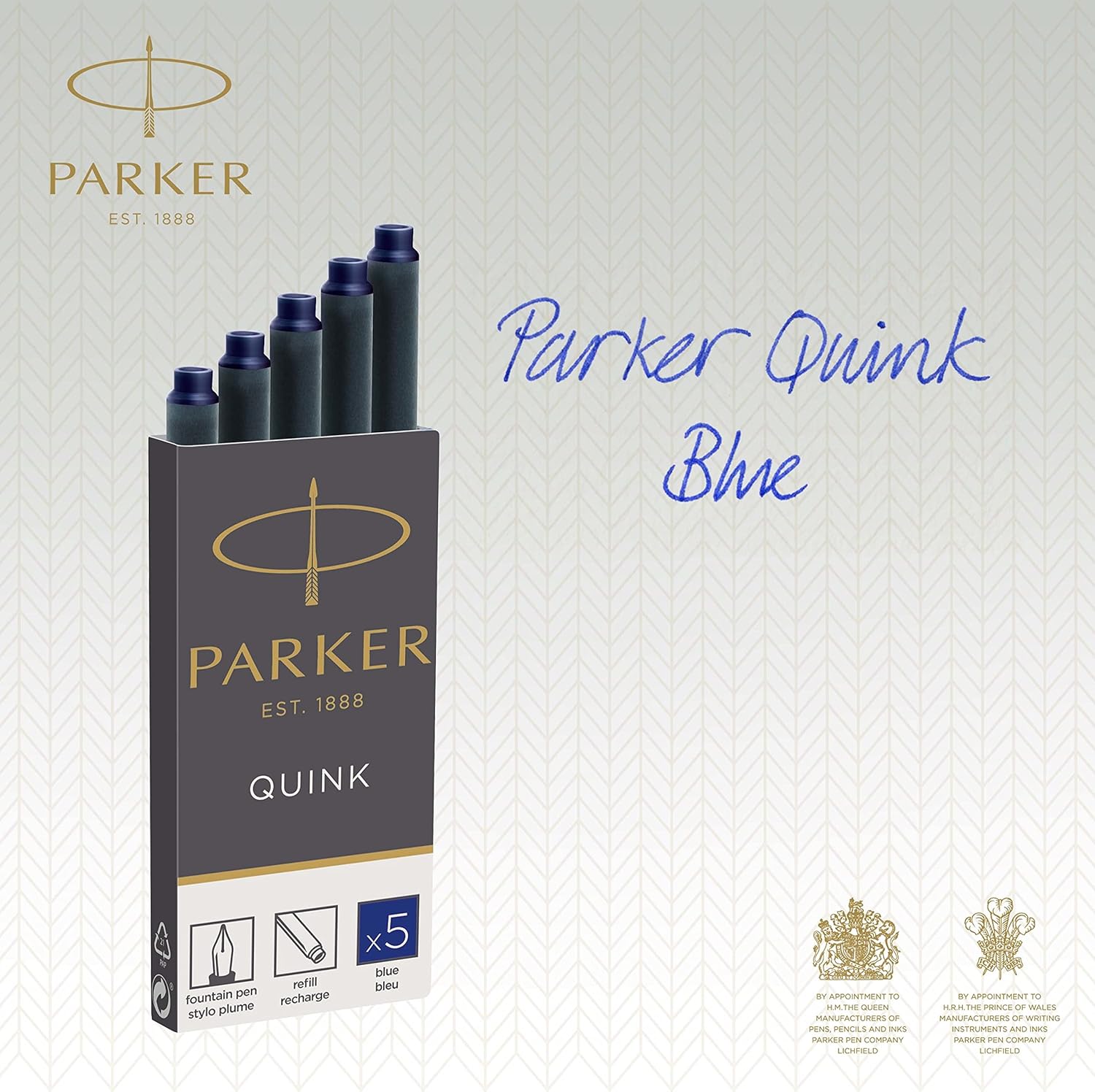 Set of five Parker fountain pen ink refill cartridges in blue Quink ink, long size, for use with Parker stationery and writing supplies.