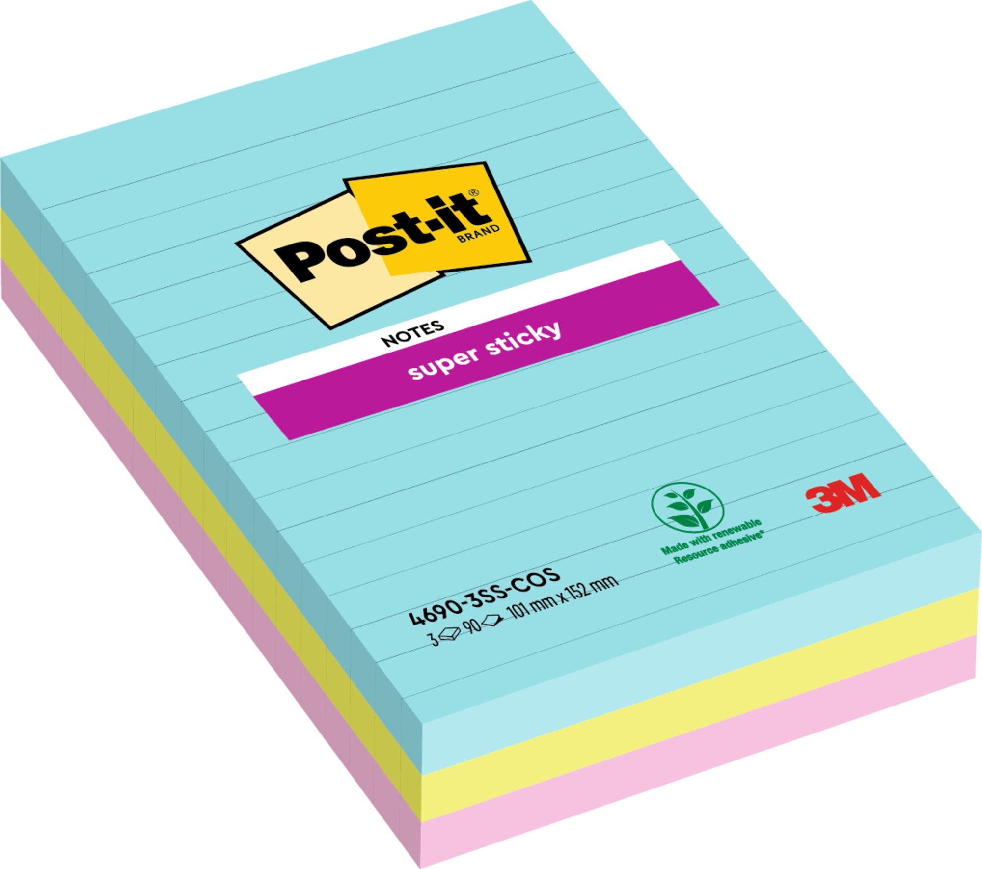Post-It Super Sticky Notes 101x152mm Ruled 90 Sheets Cosmic Colours (Pack 3) 7100234251