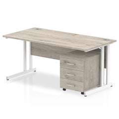 Impulse Cantilever Straight Office Desk W1600 x D800 x H730mm Grey Oak Finish White Frame With 3 Drawer Mobile Pedestal - I003802 DD