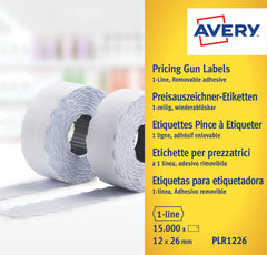 Avery Labels for Labelling Gun 1-Line Removable White 12x26mm 1500 per Roll (Pack 10) - PLR1226