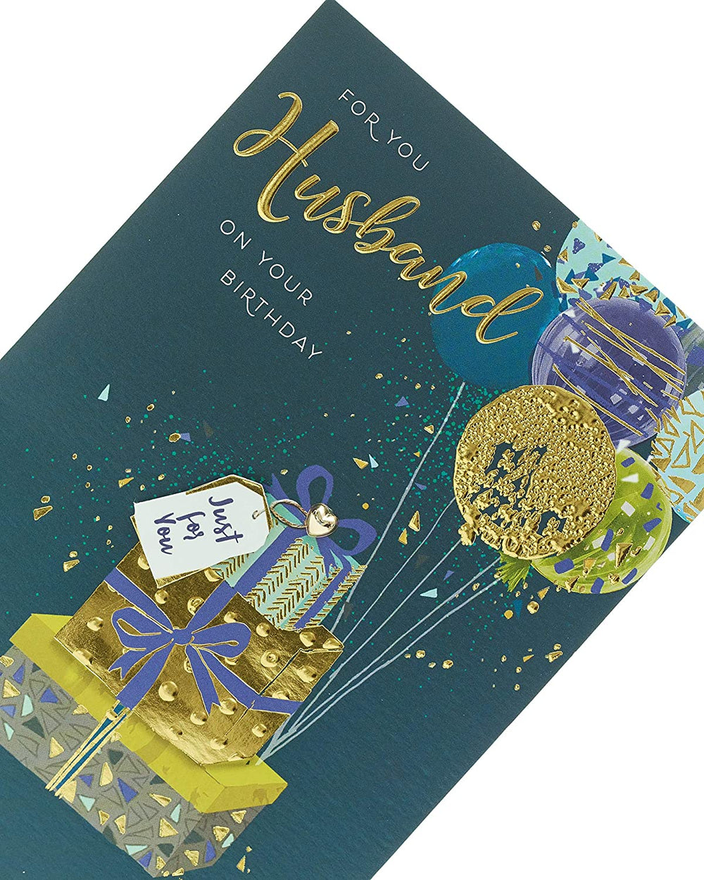 Contemporary Husband Birthday Card Featuring Balloons Attached to Gifts