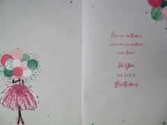 Kingfisher Cards Milestone Age 16 Birthday Greeting Card - From The Shimmer Range - Girl With Pink Skirt & Balloons - With A Gold Foil Finish