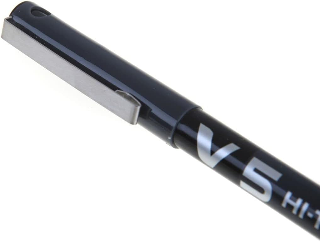 Pilot V5 Liquid Ink Rollerball Pen with 0.5 mm tip in black ink, featuring a sleek design and comfortable grip.