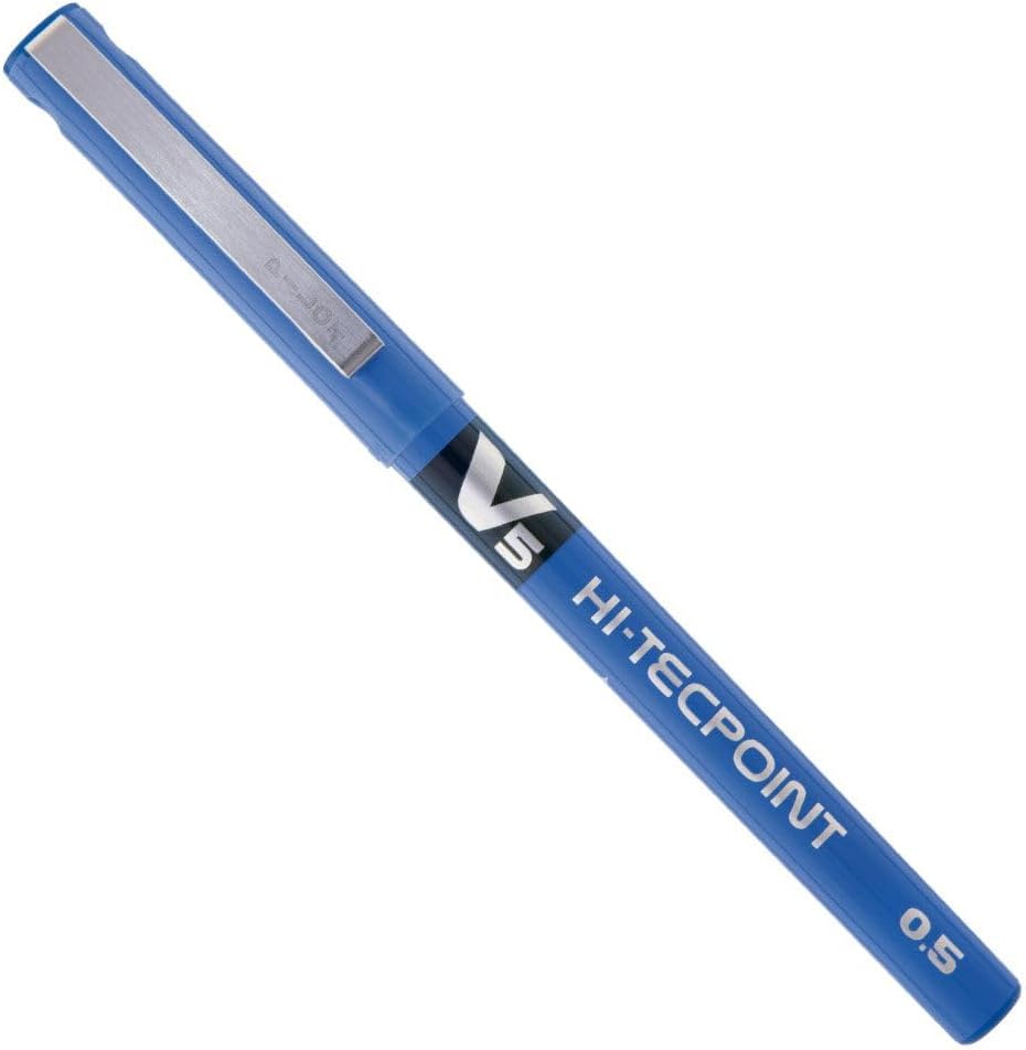Blue Pilot V5 Liquid Ink Rollerball pen with 0.5 mm tip, shown from the side, highlighting the pen's sleek design and ink color.
