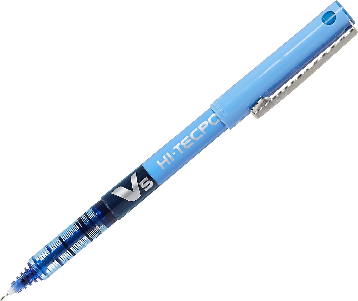 Blue Pilot V5 Liquid Ink Rollerball pen with 0.5mm tip, displayed with the pen uncapped showing the ink and sleek design.
