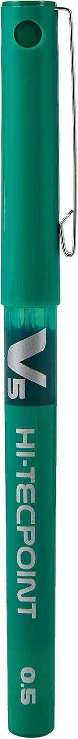 Pilot V5 Liquid Ink Rollerball Pen with 0.5 mm tip in green ink, shown with the pen cap removed, highlighting the pen's design.
