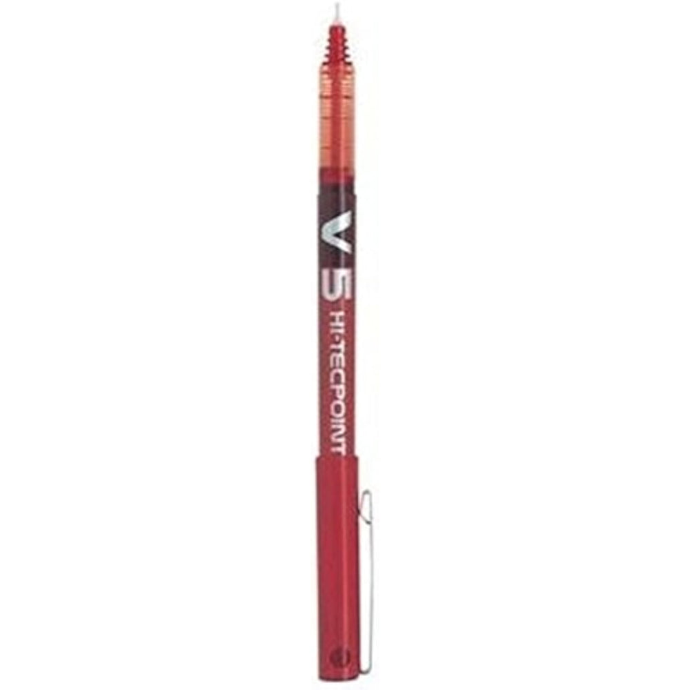 Red Pilot V5 Liquid Ink Rollerball pen with 0.5 mm tip, shown from a side view on a white background.
