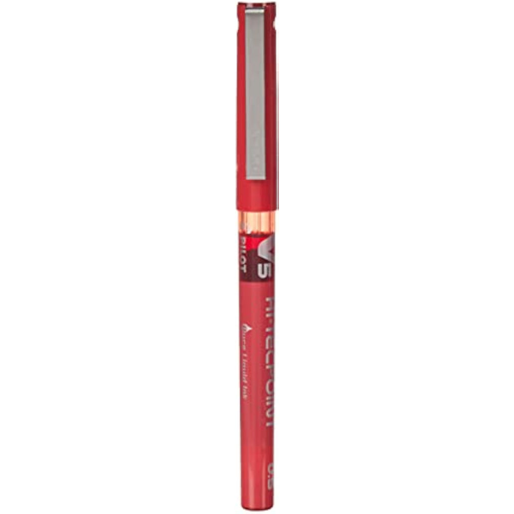 Red Pilot V5 Liquid Ink Rollerball pen with 0.5 mm tip, shown in a single pen image, highlighting smooth ink flow and sleek design.