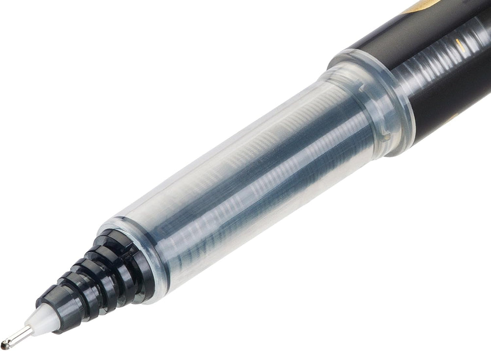 Pilot V7 Liquid Ink Rollerball pen with 0.7 mm black tip, shown with a sleek black barrel and metal accents.