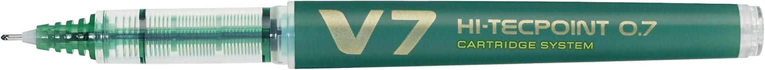 Green Pilot V7 Liquid Ink Rollerball pen with 0.7 mm tip, shown with the pen uncapped and ready to write