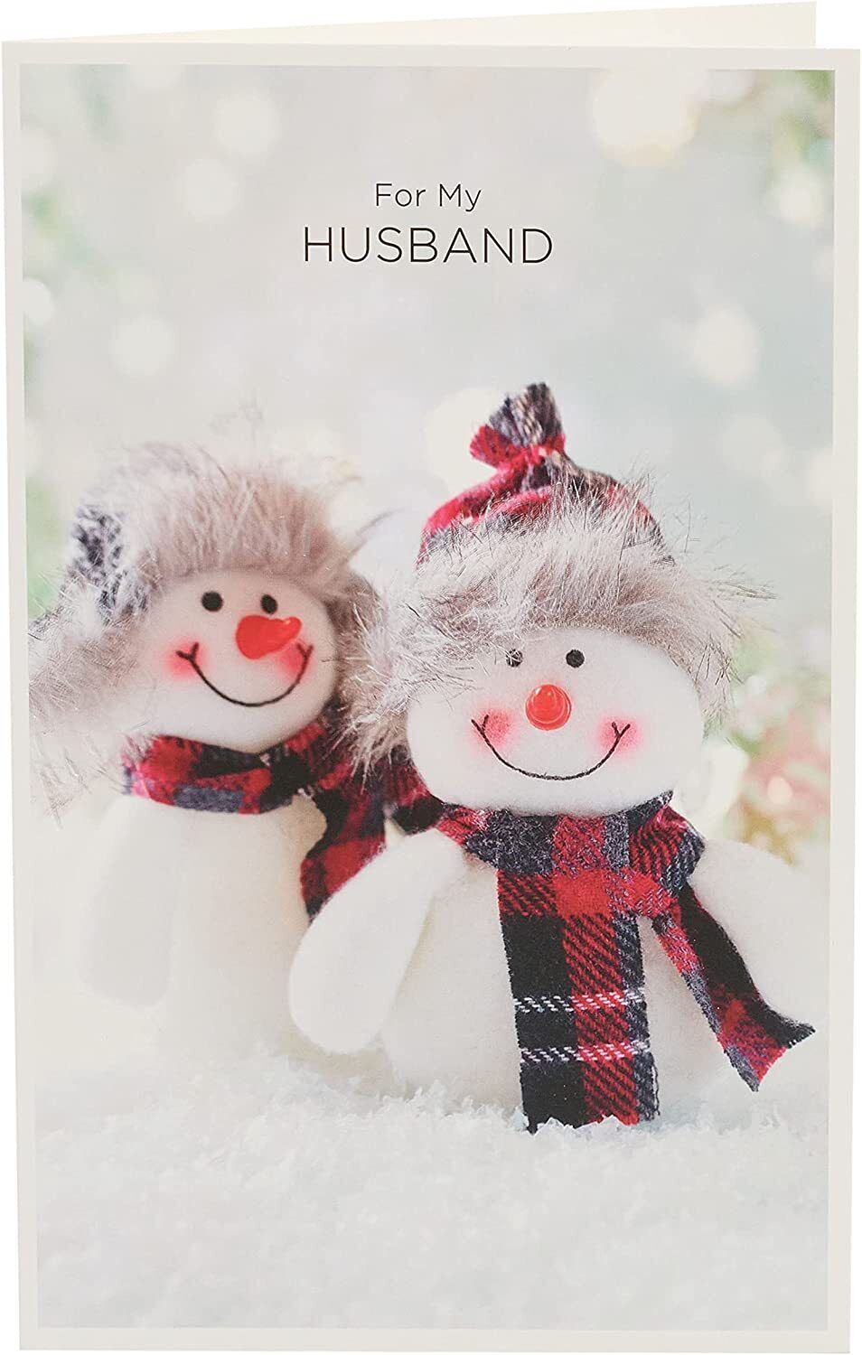 Quirky Snow Couple in Tartan Husband Christmas Card