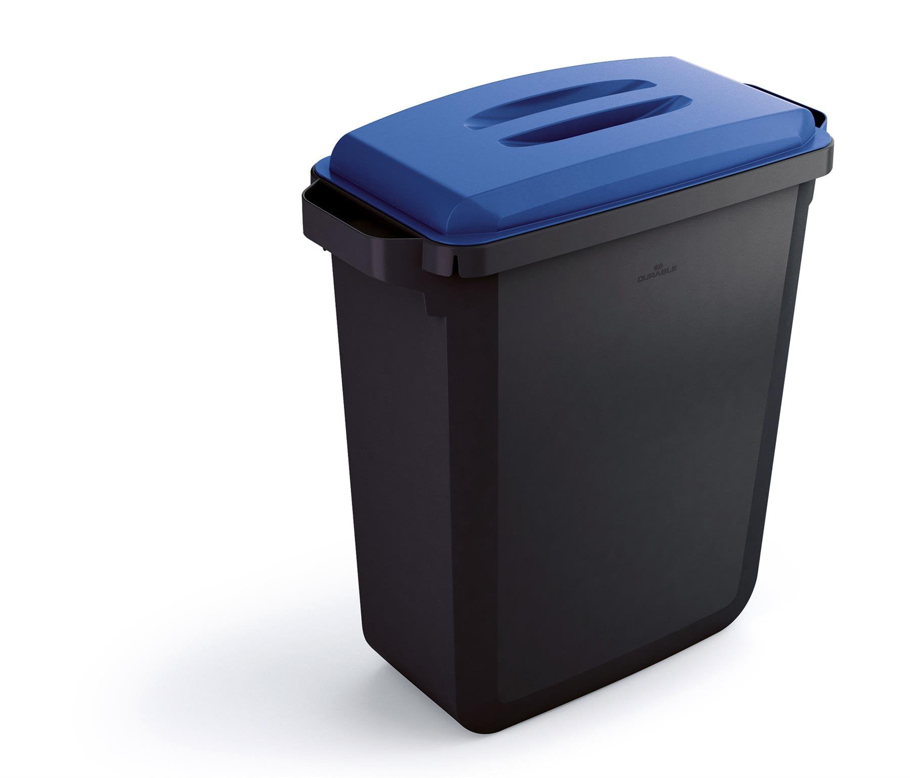 Durable DURABIN ECO 80% Recycled Plastic Waste Recycling Bin 60 Litre Rectangular Black with Blue Lid - VEH2023024 DD