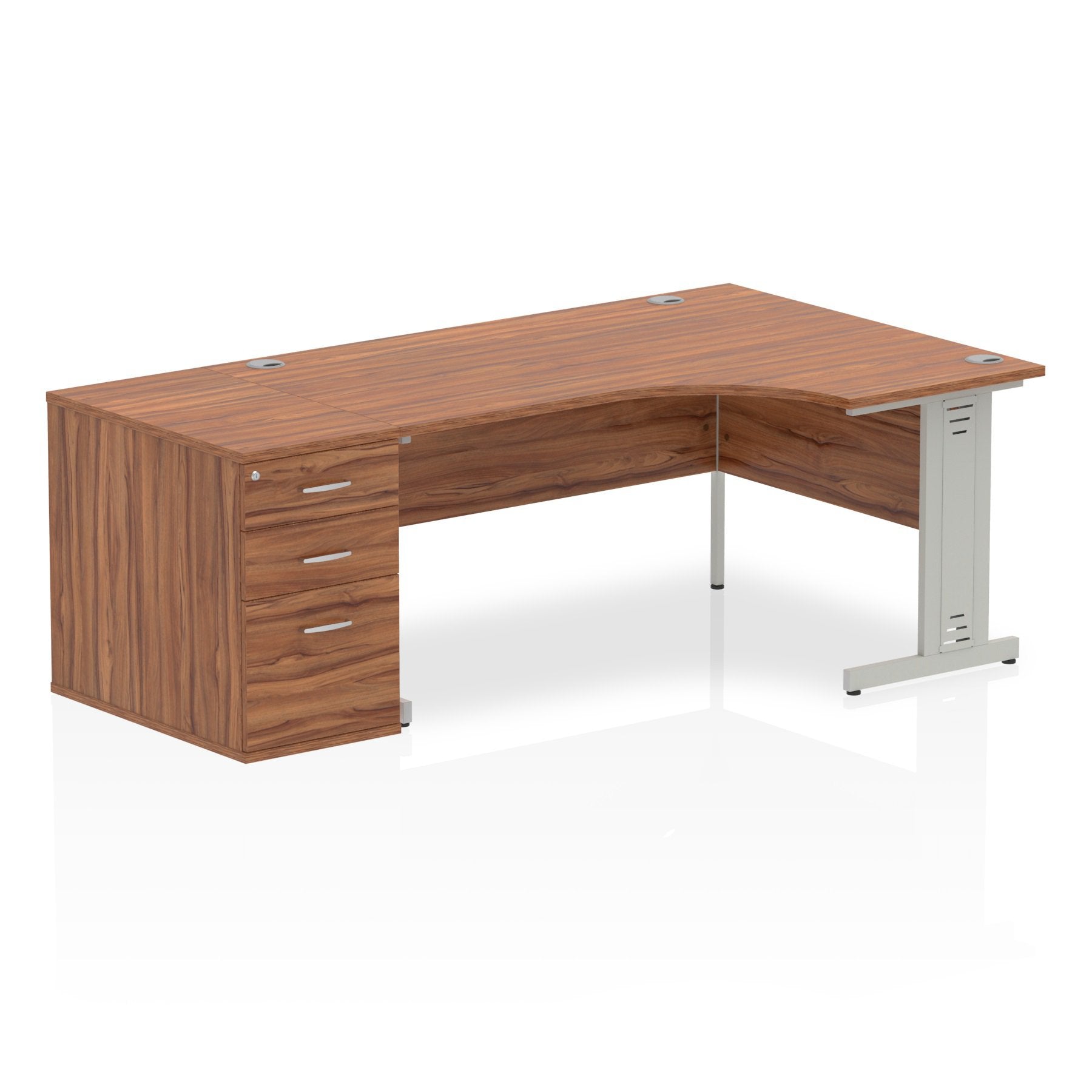 Dynamic Impulse 1600mm Right Crescent Desk Walnut Top Silver Cable Managed Leg Workstation 800mm Deep Desk High Pedestal Bundle I000671 DD