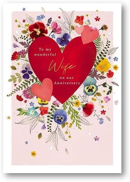 Wife Large Anniversary Card - Love Heart and Flowers Embossed with Foil Details - Eco-Friendly and Recyclable - by Paper House