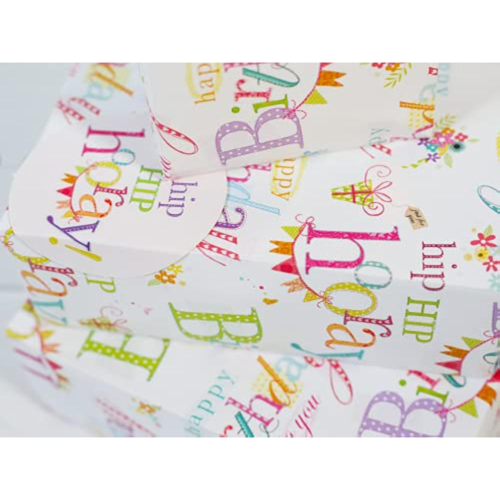 Happy Birthday Text Gift Wrap 2 Sheets & 2 Tags
