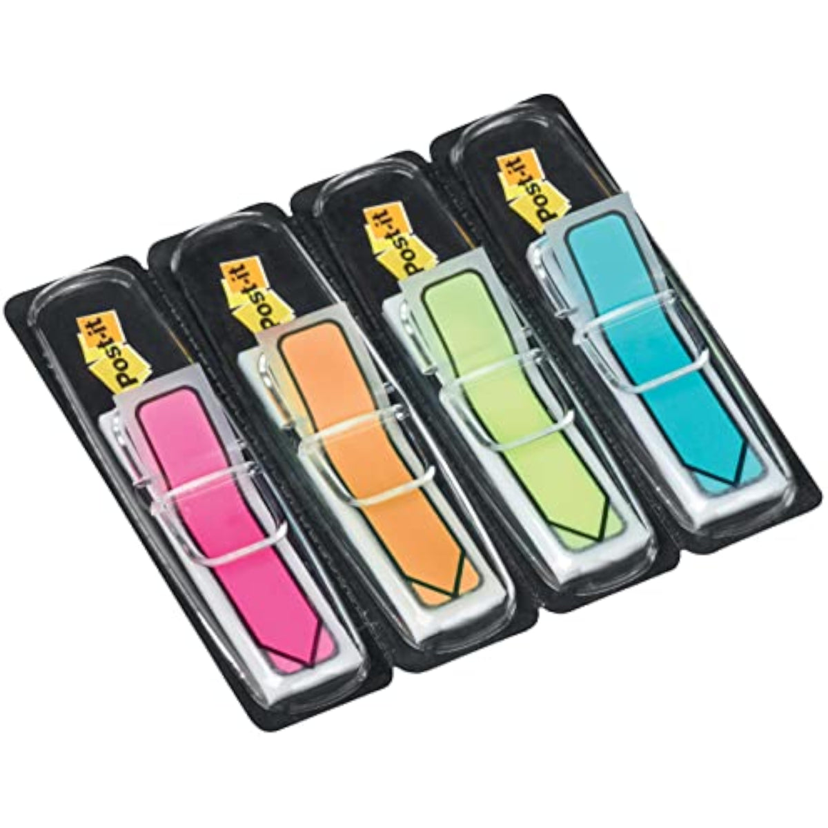 Post-it Repositionable Index Arrows in blue, green, pink, and yellow, 12 x 43 mm, pack of 96 for organizing and marking documents.