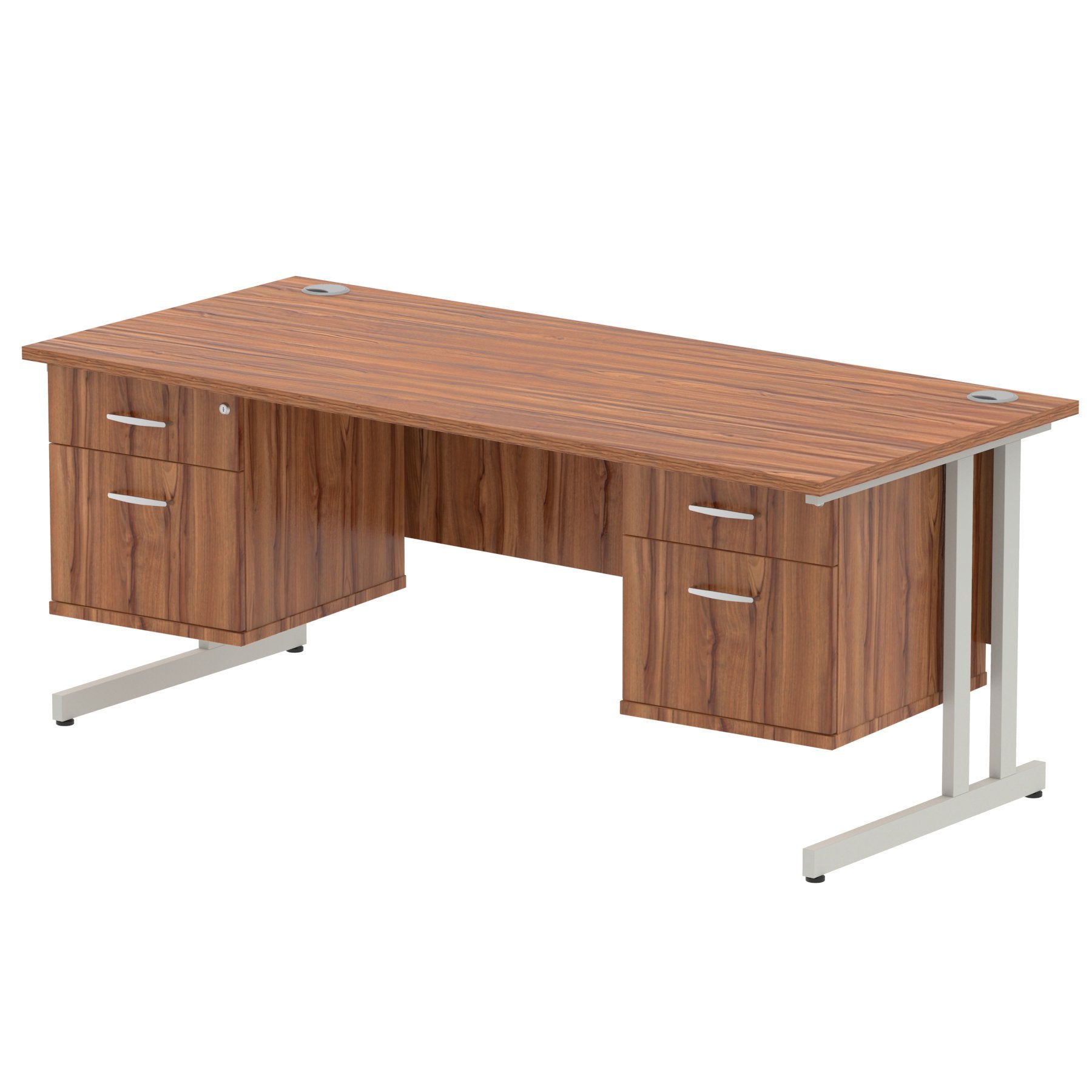 Dynamic Impulse W1800 x D800 x H730mm Straight Office Desk Cantilever Leg With 2x2 Drawer Double Fixed Pedestal Walnut Finish Silver Frame - MI001938 DD
