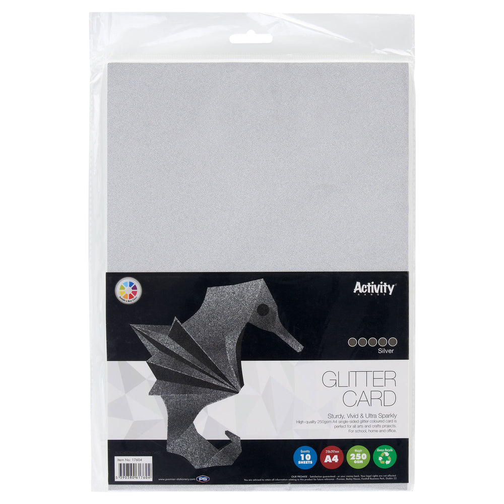 Premier A4 250gsm silver glitter card sheets for art and craft projects, showcasing shiny, textured silver craft paper.