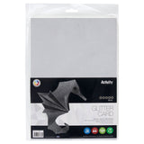 Premier A4 250gsm silver glitter card sheets for art and craft projects, showcasing shiny, textured silver craft paper.