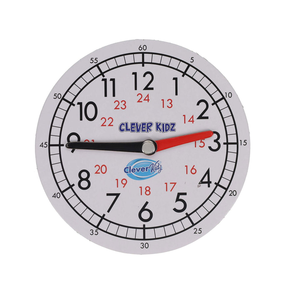 Premier Clever Kidz 15cm magnetic educational clock showing colorful numbers and movable hour and minute hands for learning time.