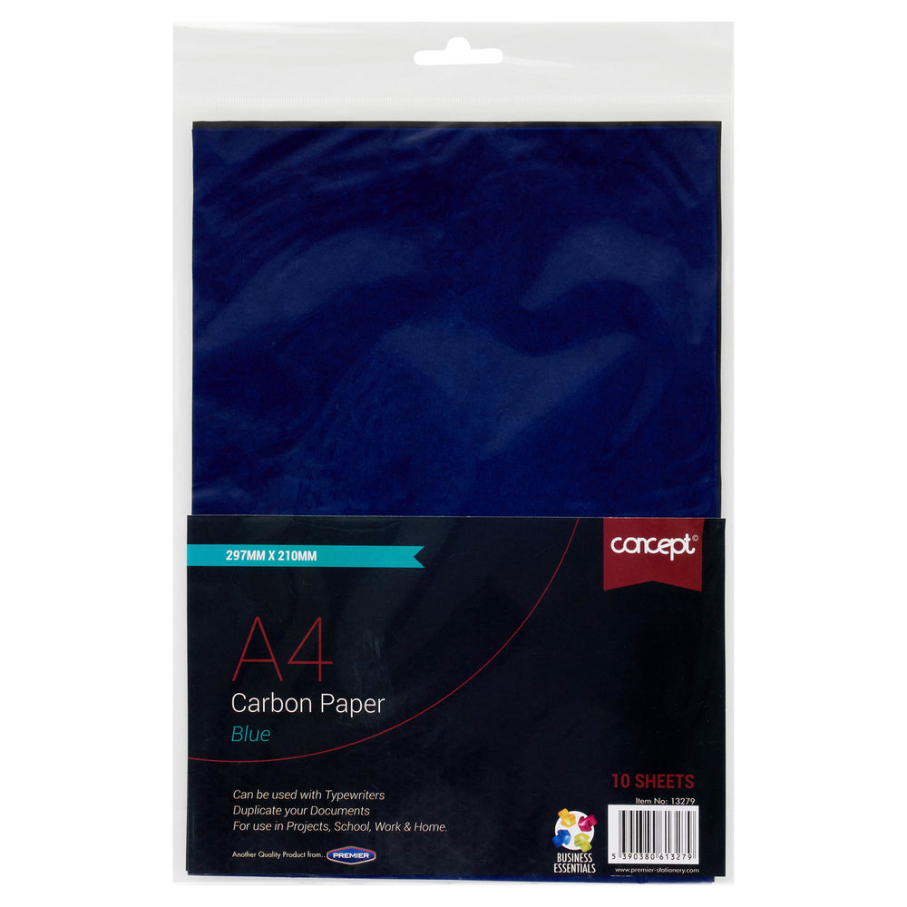 Premier A4 Blue Carbon Paper pack of 10 for office use, ideal for duplicating documents and copying handwritten notes.