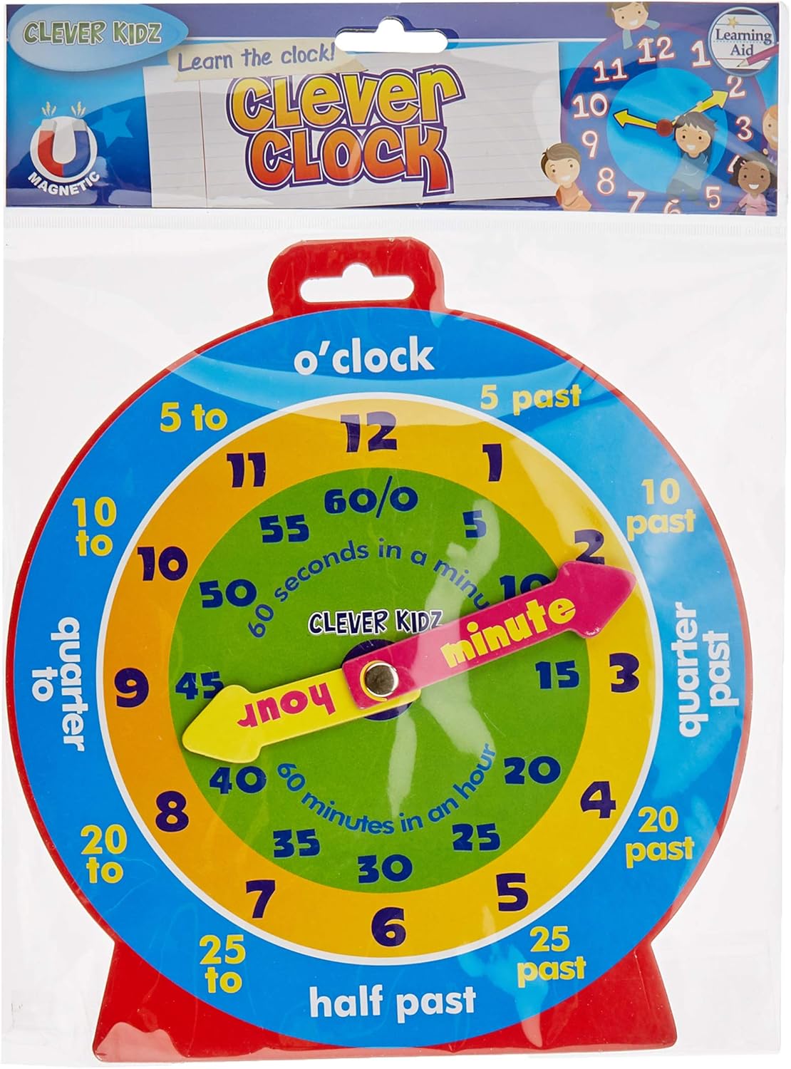 Premier Clever Kidz 23cm magnetic clock designed for office supplies, featuring colorful numbers and a playful kid-friendly style.