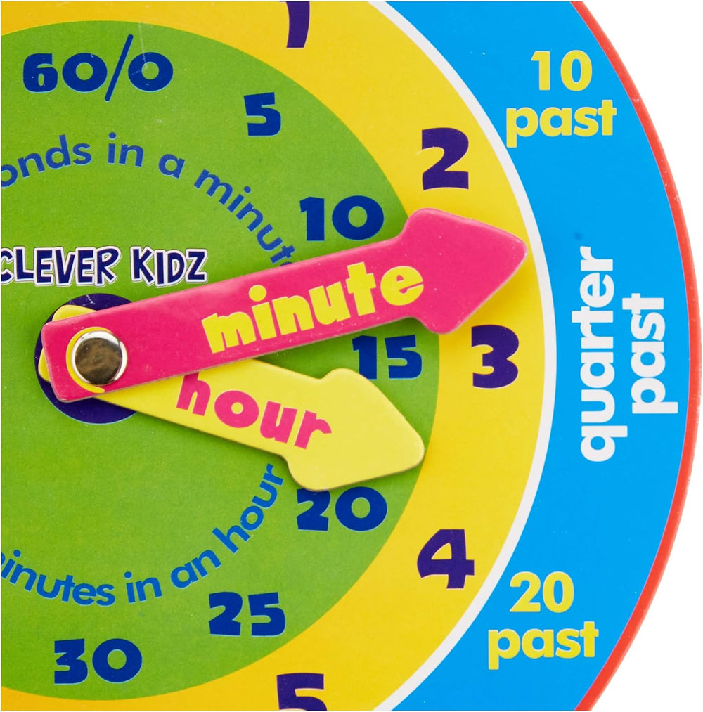 Premier Clever Kidz 23cm magnetic clock, colorful educational office supply for kids, with clear hour and minute markings.
