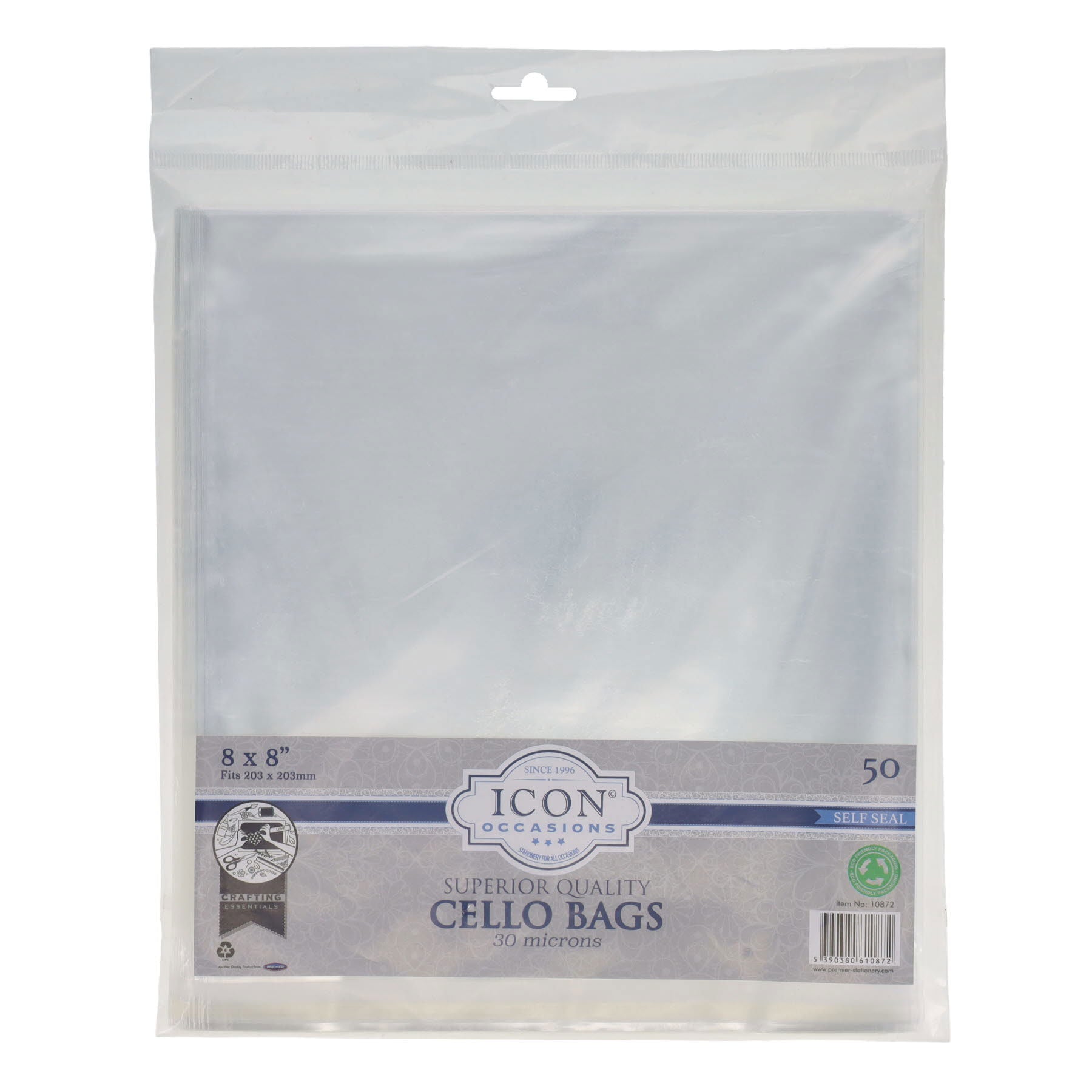 Premier Icon Occasions 8x8 self-seal cello bags for office supplies, shown in a pack of 50 with clear, durable plastic.