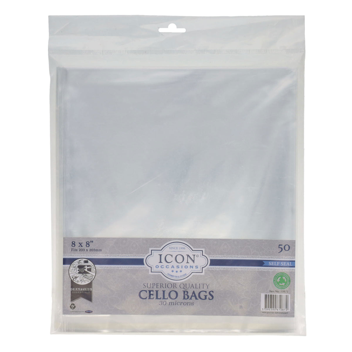 Premier Icon Occasions 8x8 self-seal cello bags for office supplies, shown in a pack of 50 with clear, durable plastic.
