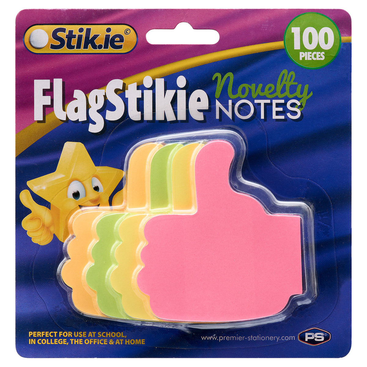 Premier Stik Ie Card 100 novelty flag sticky notes with thumbs up design for marking and highlighting in stationery use.