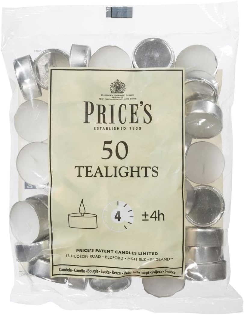 Unlit white tealight candles from Price's Candle, 50-piece set, with smooth, round wax bodies in a simple, elegant design.