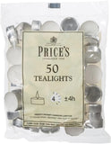 Unlit white tealight candles from Price's Candle, 50-piece set, with smooth, round wax bodies in a simple, elegant design.