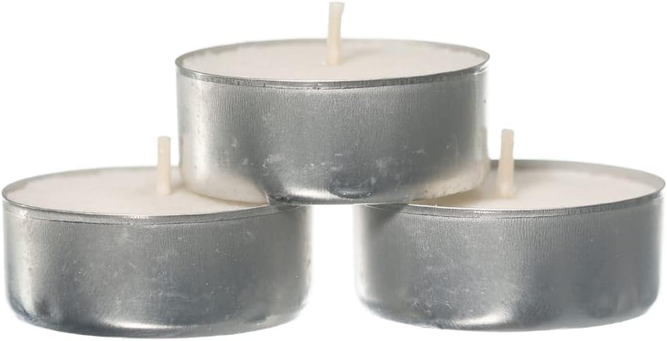 Set of 50 white unscented tealight candles by Price's Candle, small cylindrical candles for lighting and decoration.
