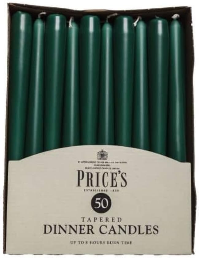 Unwrapped Price's Candle tapered dinner candles in evergreen color, 50-pack, suitable for elegant table settings and special occasions.