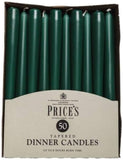 Unwrapped Price's Candle tapered dinner candles in evergreen color, 50-pack, suitable for elegant table settings and special occasions.