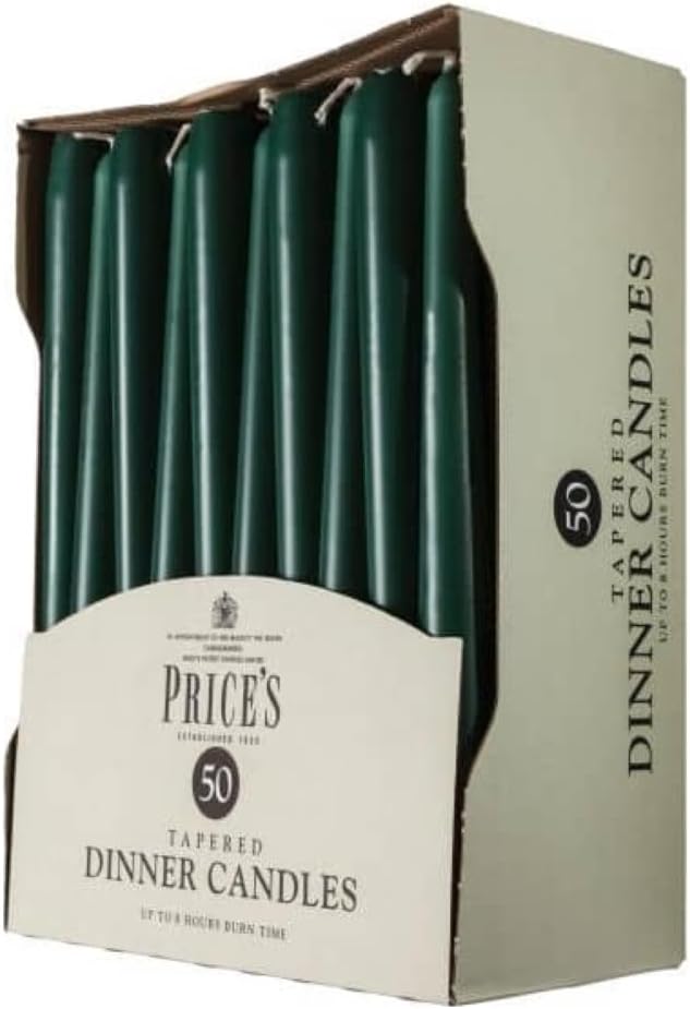Unwrapped Price's Candle tapered dinner candles in evergreen color, set of 50, suitable for elegant table settings