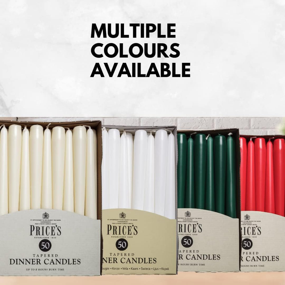 Set of 50 unwrapped Price's Candle tapered dinner candles in evergreen, perfect for elegant table settings and special occasions.