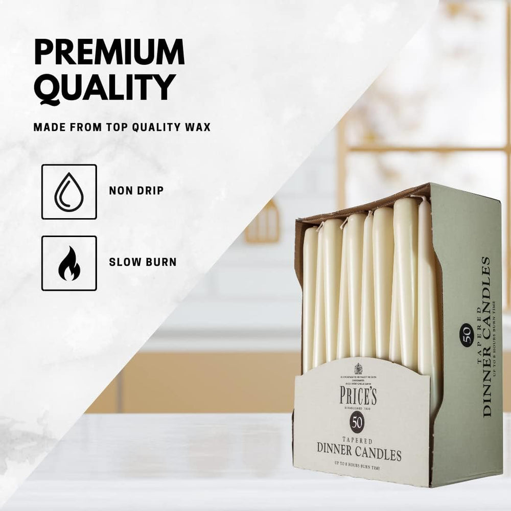 Unwrapped Price's Candle tapered dinner candles in evergreen color, 50-pack, ideal for elegant table settings and special occasions.