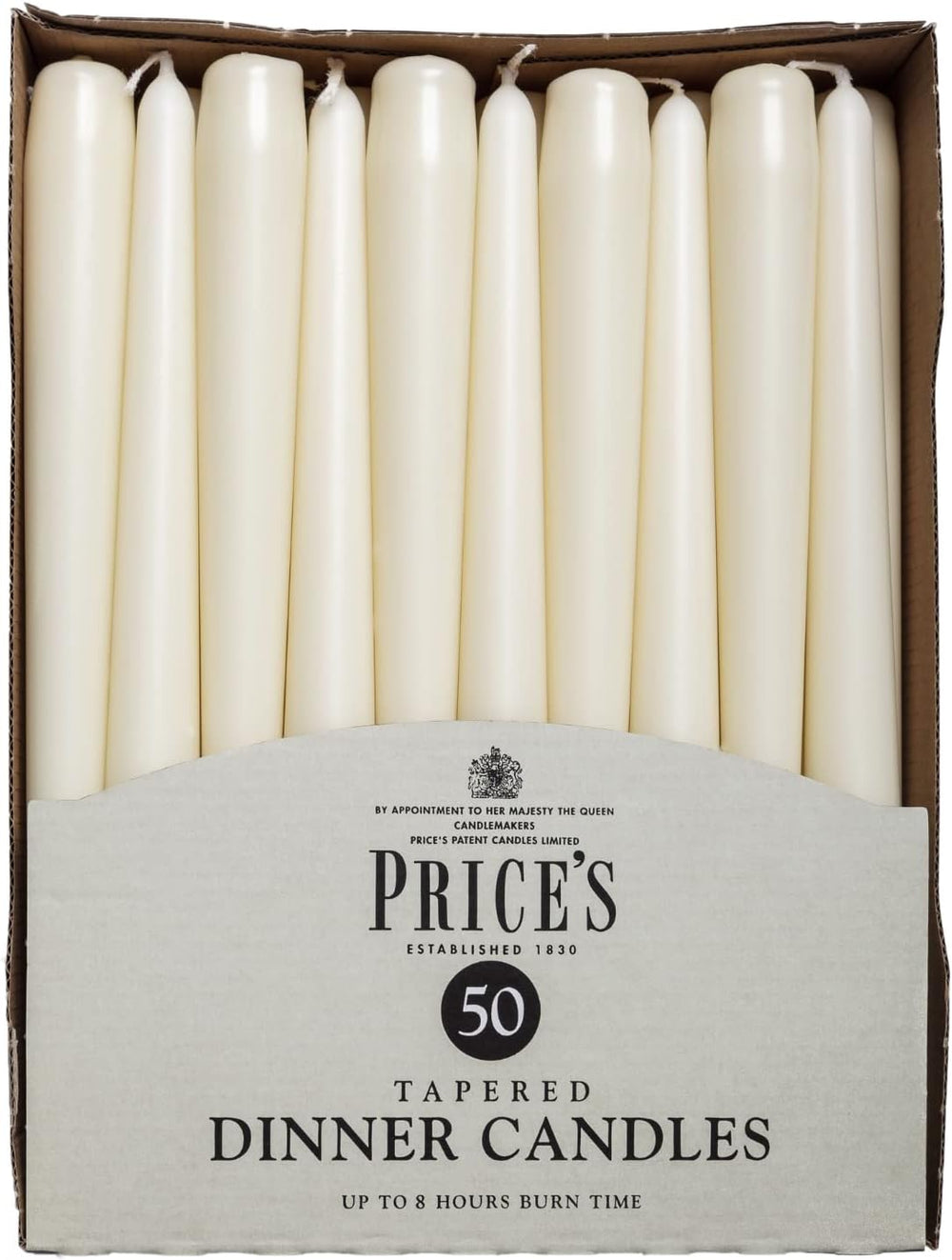 Set of 50 unwrapped ivory tapered dinner candles by Price's Candle, ideal for elegant table settings and special occasions.