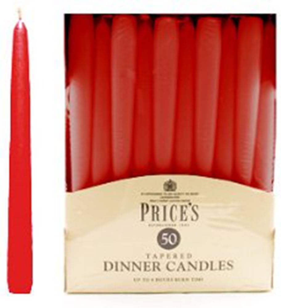 Set of 50 unwrapped red Price's Candle tapered dinner candles, elegant and ideal for special occasions or dinner settings.