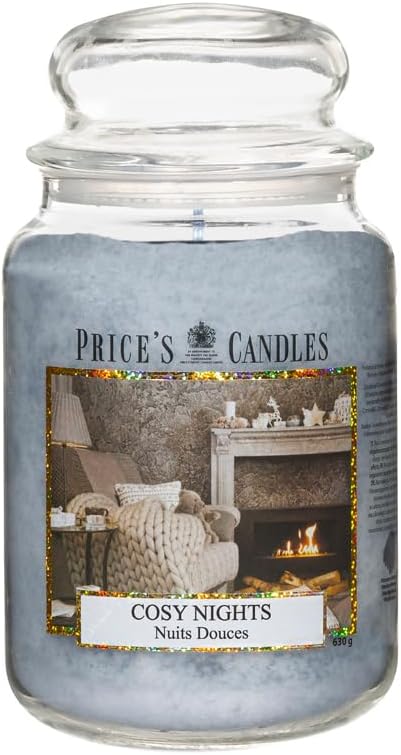 Large jar scented candle from Price's Candle Cozy Nights collection, featuring a warm, inviting glow and decorative label.