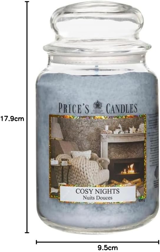 Large jar scented candle from Price's Candle Cozy Nights, featuring a warm, inviting design perfect for relaxing ambiance.
