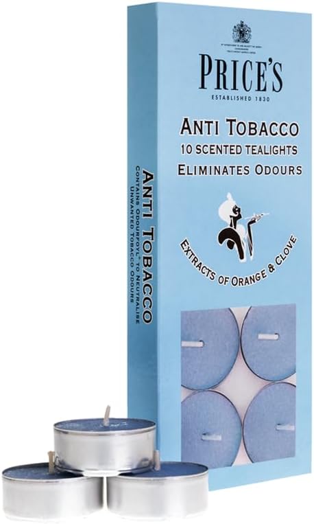 Set of 10 Price's Candle anti-tobacco scented tealights, small candles in metal cups for relaxing ambiance.