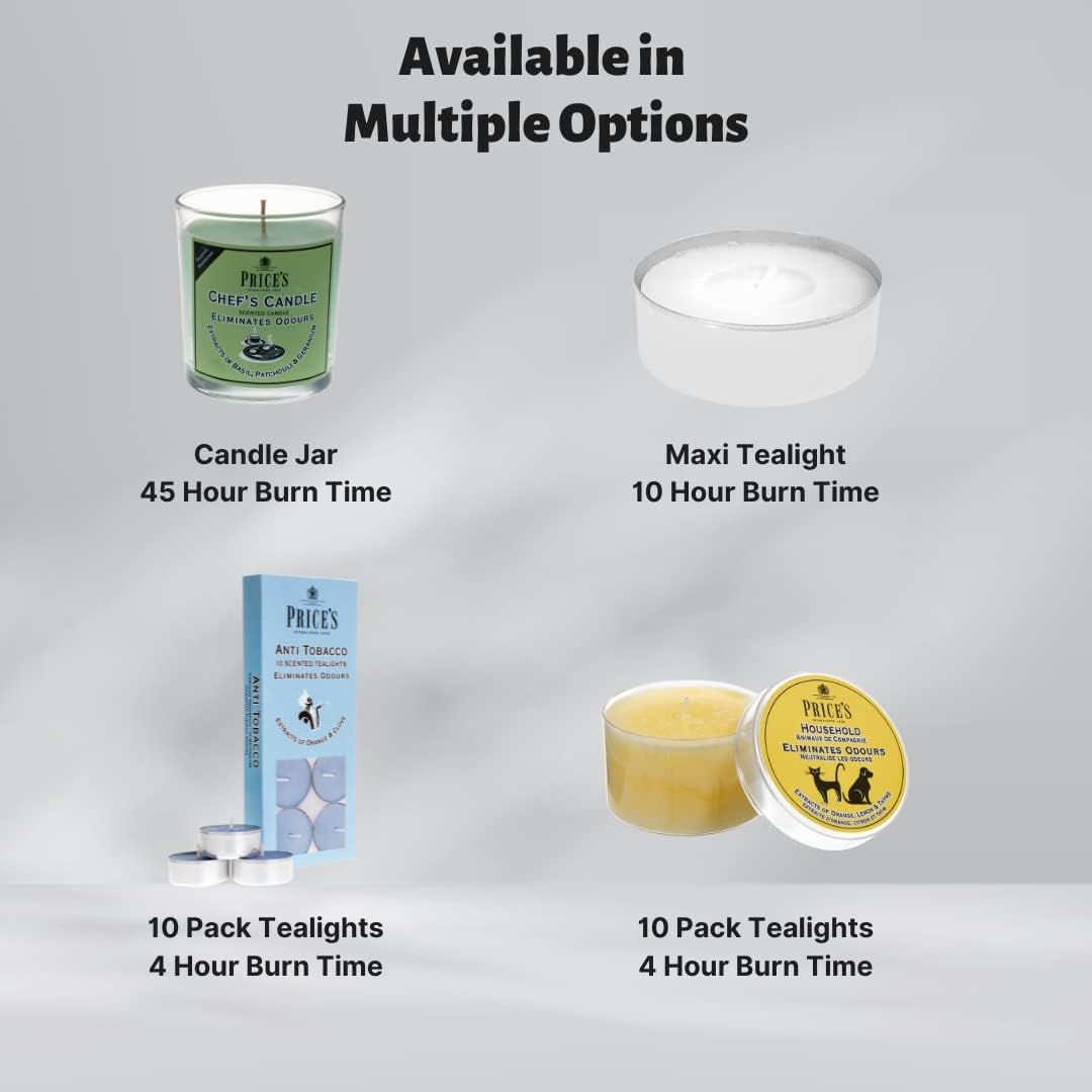 Set of 10 Price's Candle scented tealights designed to neutralize tobacco odors, perfect for creating a fresh atmosphere.
